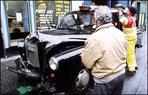 Crashed taxi.