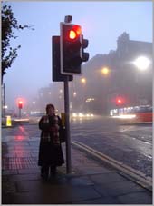 Photo: Pat in Edinburght on a foggy evening.