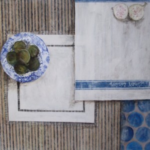 "Bowl of Figs" 60 x 60 cm mixed Media on board. Limed boxy