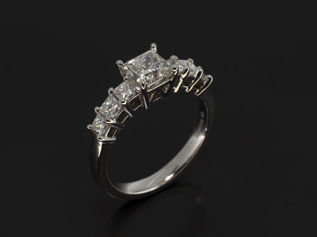 18kt White Gold Claw Set 7 Stone Design with Lab Grown Princess Cut Centre Diamond 0.82ct H Colour VS2 Clarity VGVG and Princes Cut Shoulder Diamonds 0.63ct Total