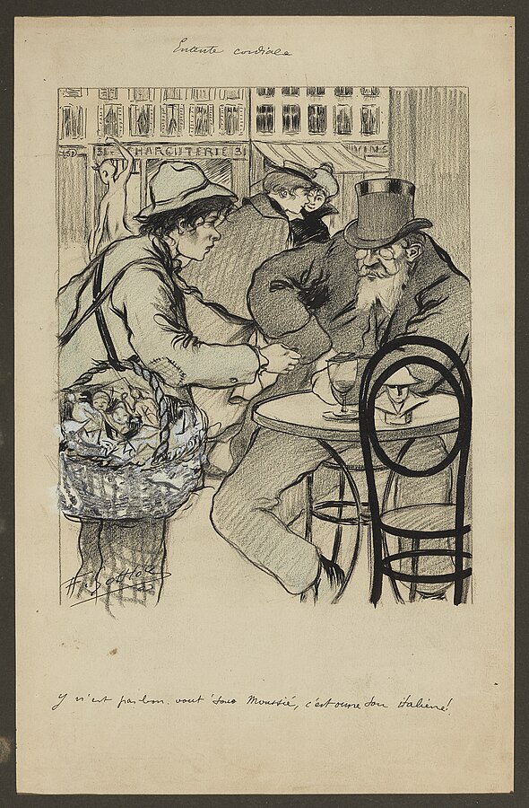 Gottlob, Fernand-Louis (n.1873-02-23 - d.1935-11-10), Entente cordiale (Titre donn? par l'auteur), 1907. Pierre noire. Crayon bleu. Encre noire et gouache blanche sur papier. Petit Palais, Mus?e des Beaux-Arts de la Ville de Paris.