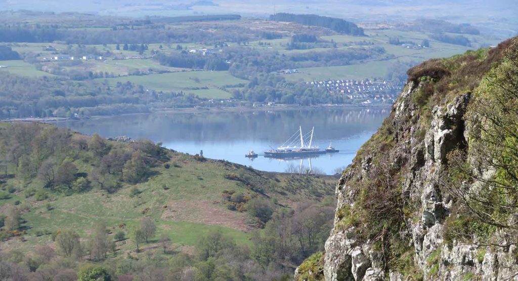 Lang Craigs Escarpment Balcony Trail. View of Clyde and part of new bridge being delivered.