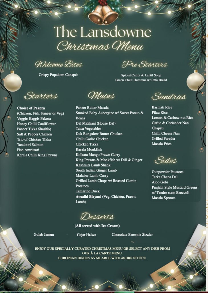 The Lansdowne Christmas Menu 2025 