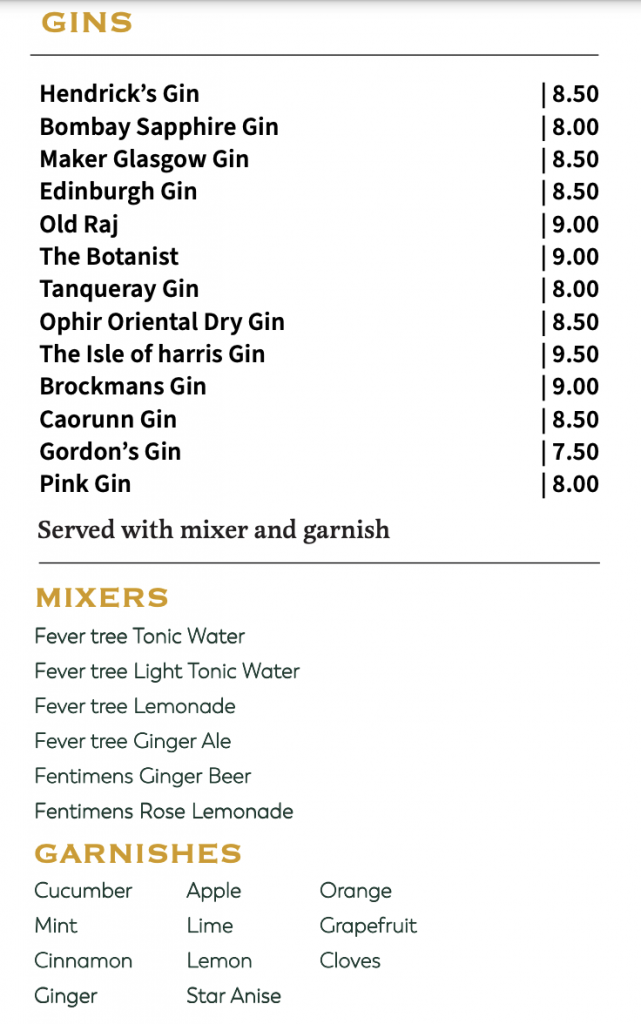 Gins, Mixers, Garnishes