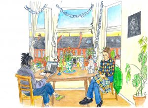 Leo Robinson and Esmée Balcewicz on Dixon Avenue by Laura Wade, gouache, ink, pencil on paper,